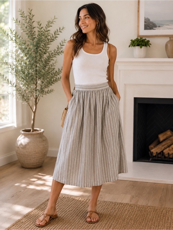 Max Studio Olive & Cream Striped Midi Skirt