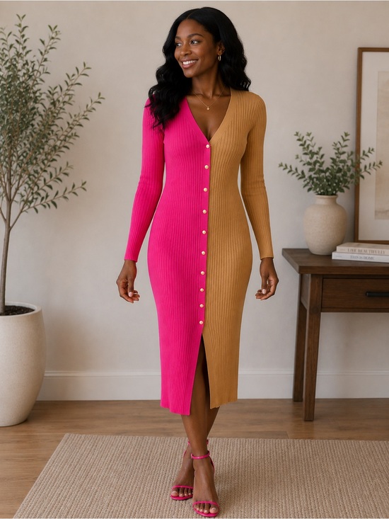 INC International Concepts Women's Long Sleeve Ribbed Dress - Pink and Brown