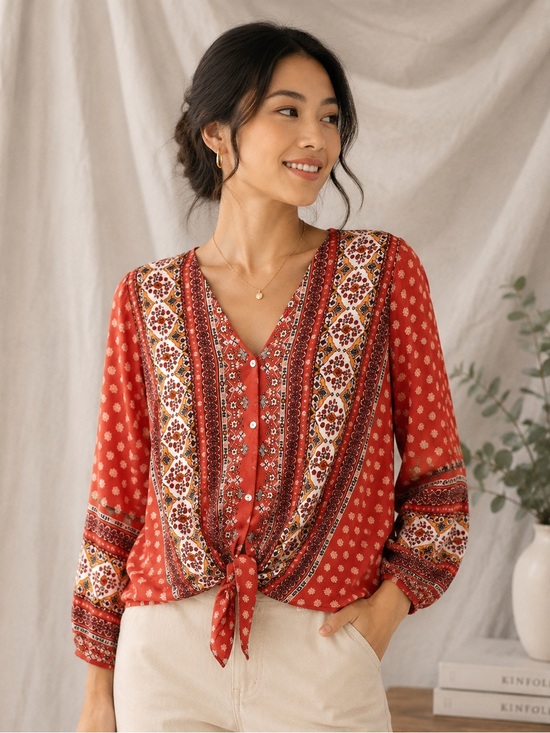 West Kei Red and White BoHo Blouse