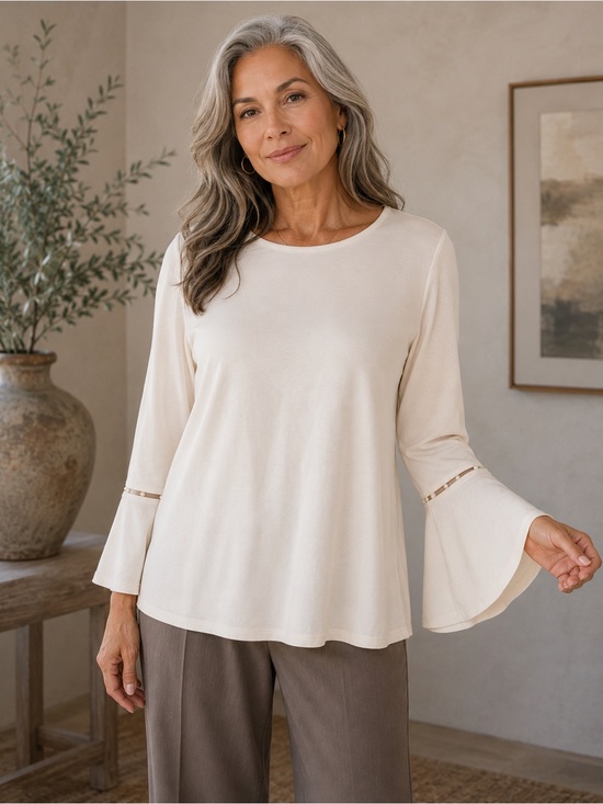 J Jill Wearever Collection Cream Top with Embellished Sleeves