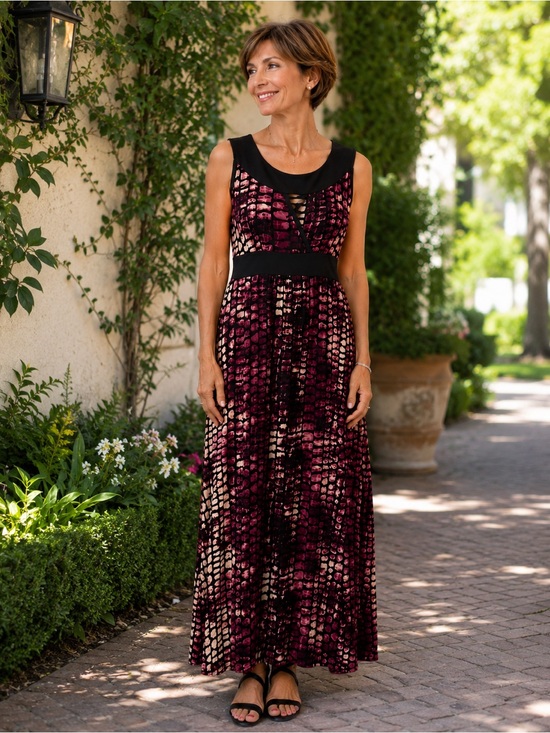 Susan Lawrence Deep Magenta & Black Print Dress