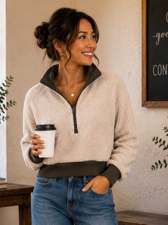 Fabletics Cream and Dark Green Sherpa Hoodie