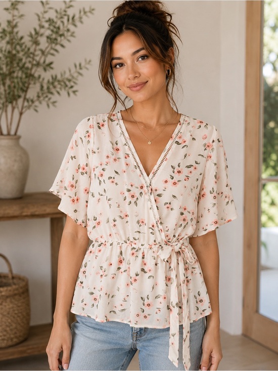 Sienna Sky White Floral Tie-Waist Blouse