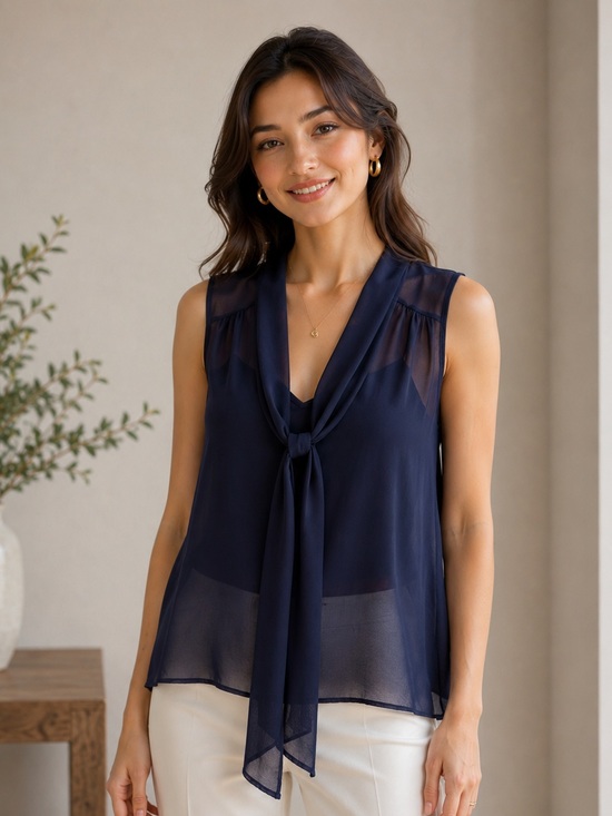 Beulah Navy Blue Sleeveless Asymmetrical Tie Front Blouse