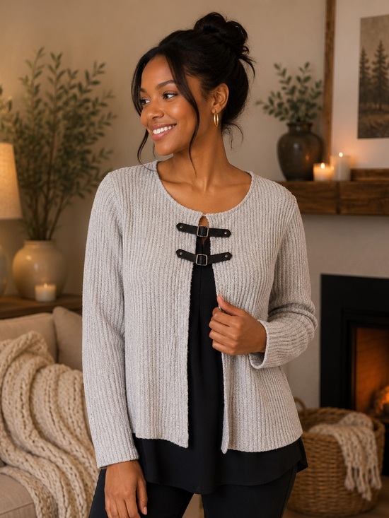 Gray Ribbed Women's Sweater with Buckle Detail
