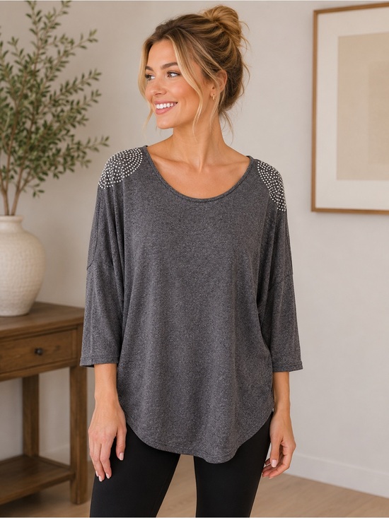 Questions  Charcoal Embellished Asymmetrical Top