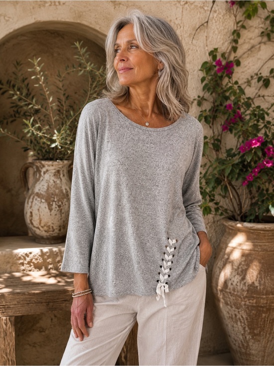 Simply Vera Vera Wang Heather Gray Lace-Up Hem Long Sleeve Top