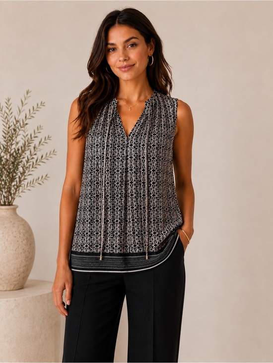 Rafaella Black and Tan Geometric Sleeveless Top