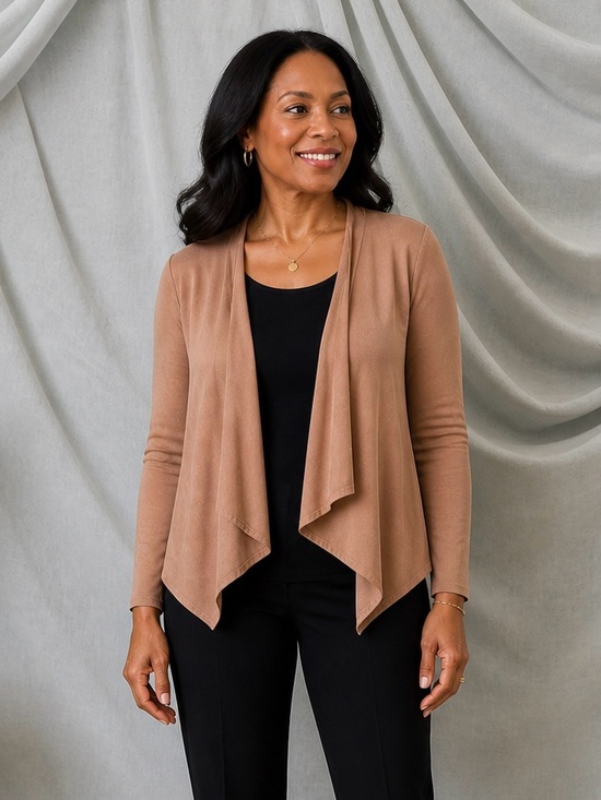 JM Fleurette Open Front Draped Cardigan Sweater - Tan