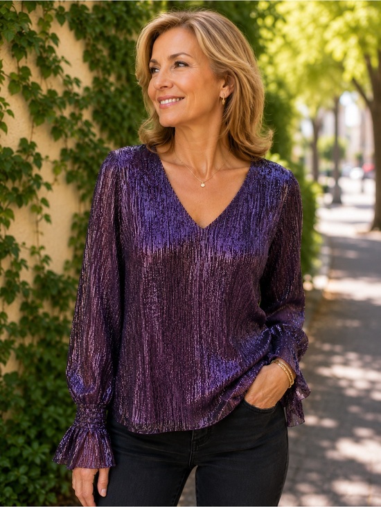CeCe Purple Metallic V-Neck Long Sleeve Blouse