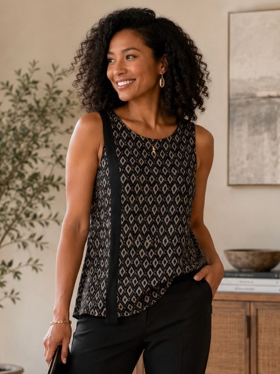 Christopher & Banks Black and Olive Geometric Sleeveless Top
