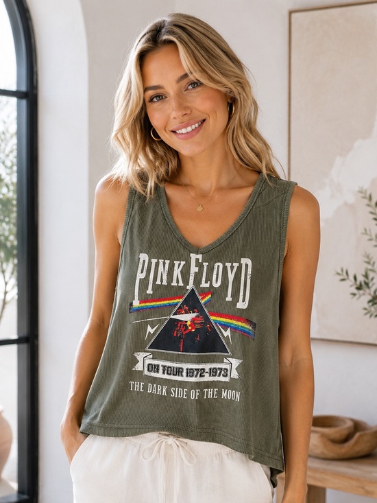 ROMWE Pink Floyd Tank Top - Olive Green