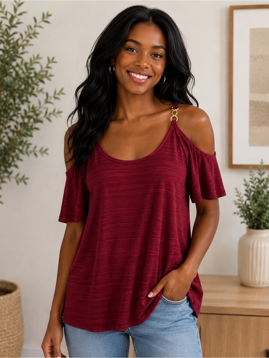 Suzie In The City Red Short Sleeve Cold-Shoulder Top