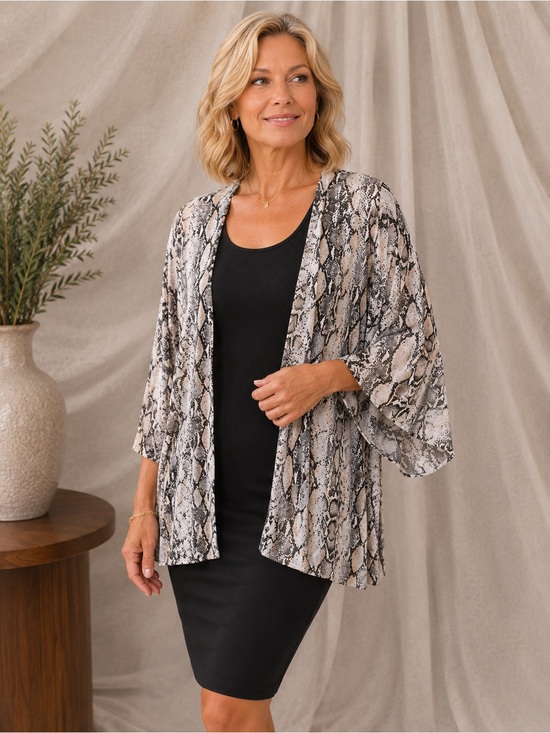 Vision USA Neutral Snake-Print Open Front Kimono Beige Black