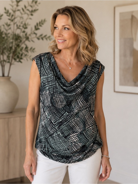 Tahari Black and Green Draped Cowl Neck Sleeveless Top