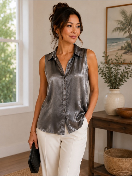Voir Sleeveless Metallic Button-Front Blouse in Shimmering Gray