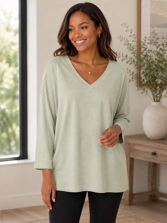 J Jill V-Neck Relaxed Long-Sleeve Top in Sage Green