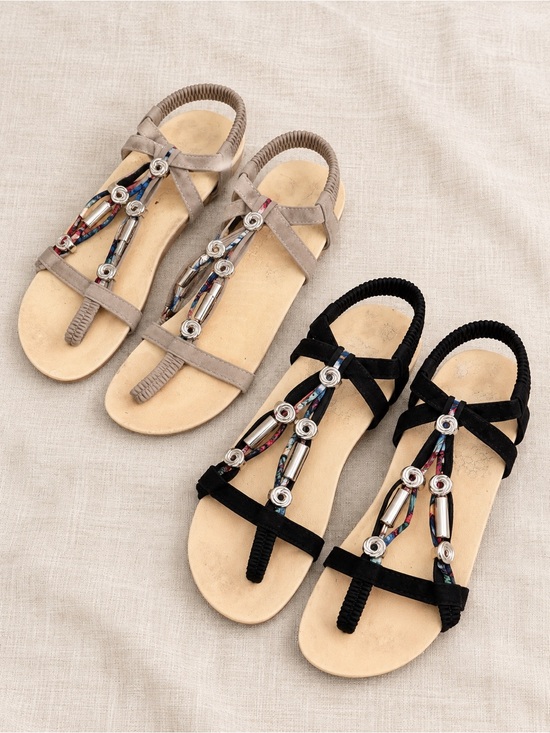 Set of Two - Beaded T-Strap Sandals in Black and Taupe