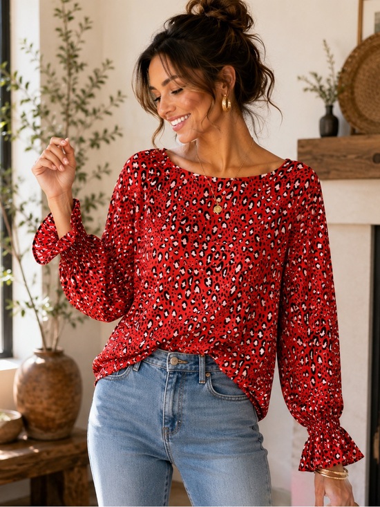 Sanctuary Red Leopard Print Long Sleeve Blouse