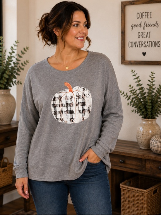 Gray Tunic Top with Plaid Pumpkin Design