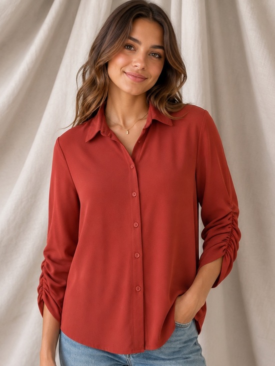 Cable & Gauge Button-Front Blouse in Terracotta