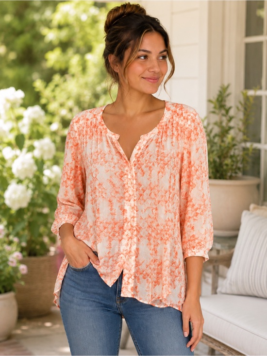 CAbi Peach and Cream Patterned Blouse