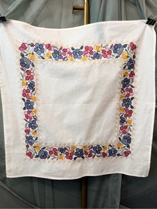 Embroidered Floral Linen Square - White with Pink, Blue & Yellow