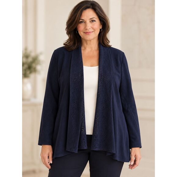 Chico's Navy Open Front Lightweight Laser Cut Jacket