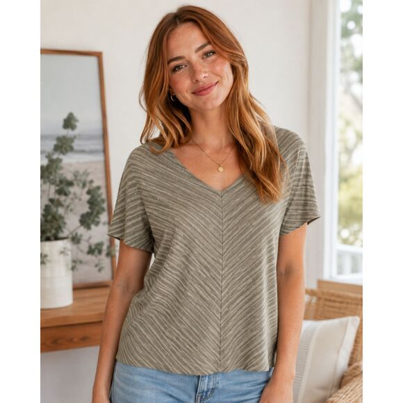 Chico's Olive Green Striped V-Neck Top