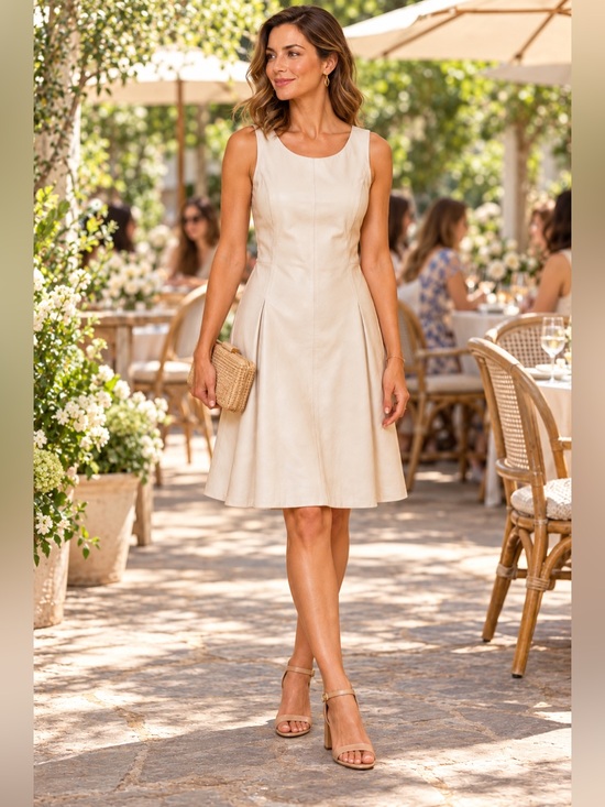 Anne Klein Sleeveless Faux Leather A-Line Dress in Soft Cream