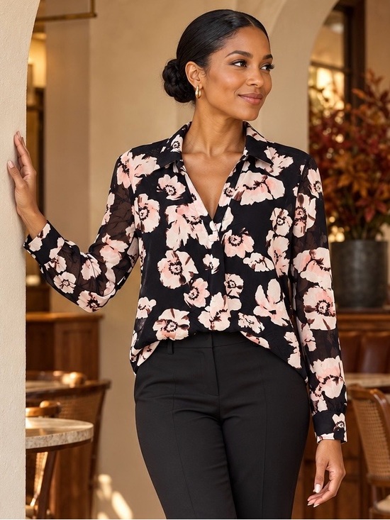 INC International Concepts Black Blush and White Floral Button-Down Shirt