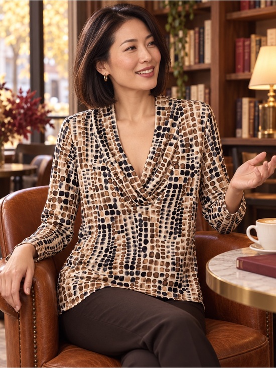 Dana Buchman Beige and Navy Geo Cowl-Neck Blouse