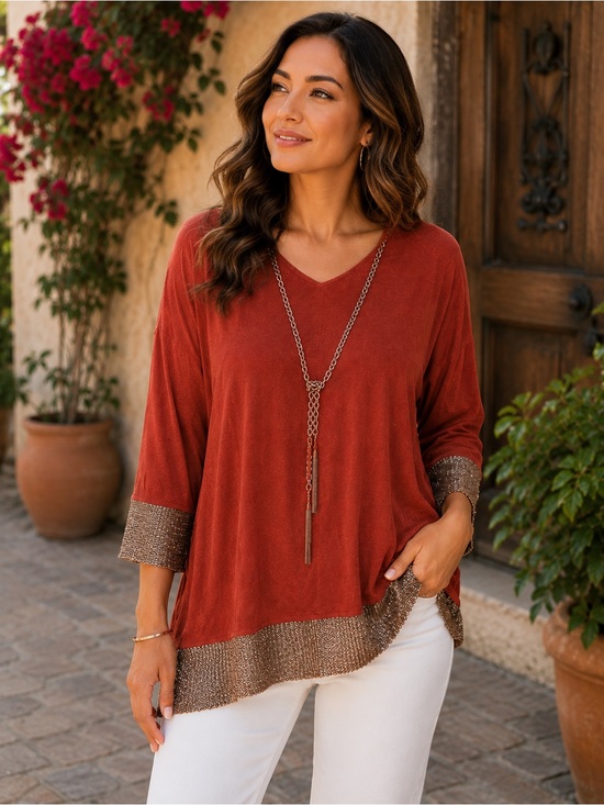 Chico's Rust and Gold V-Neck Tunic with Chain Accent