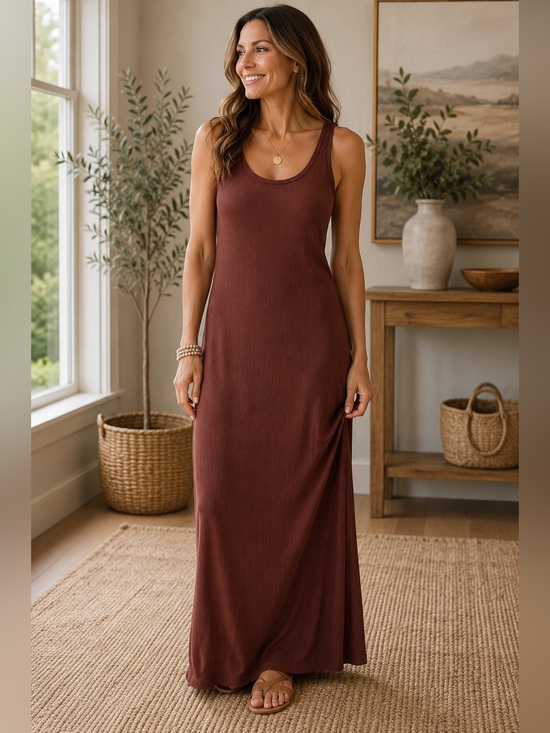 Anthropologie Ribbed Scoop-Neck Maxi Dress in Chestnut