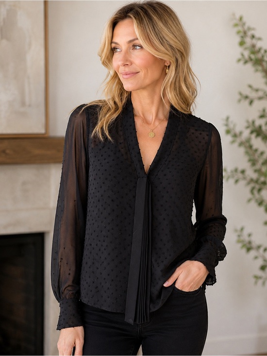 Zara Black Sheer Dot Tie-Neck Blouse