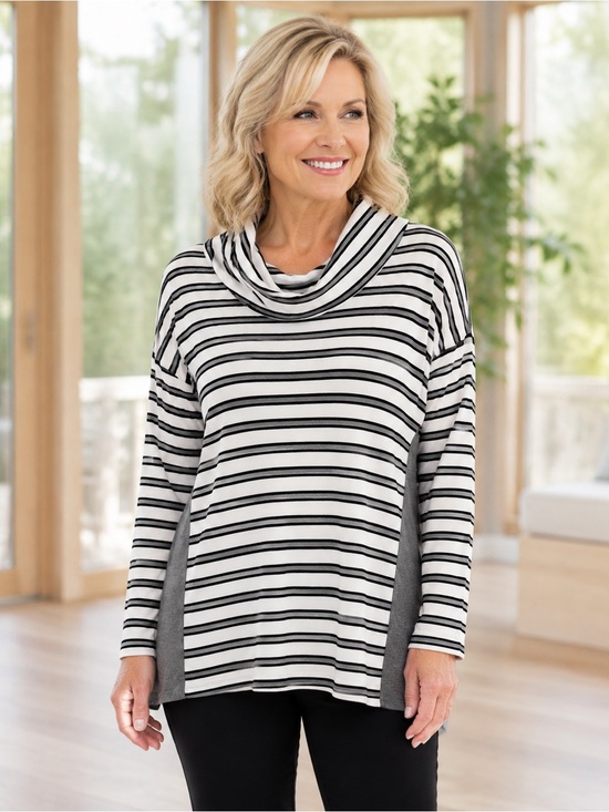 Chico's Zenergy Black, Gray & White Striped Cowl Neck Sweater