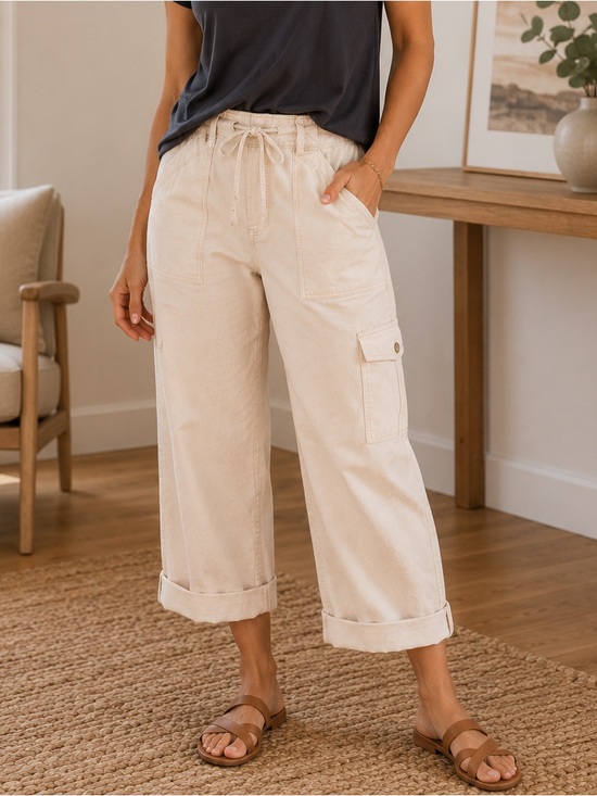Ann Taylor Cream Wide-Leg Cargo Pants with Drawstring Waist