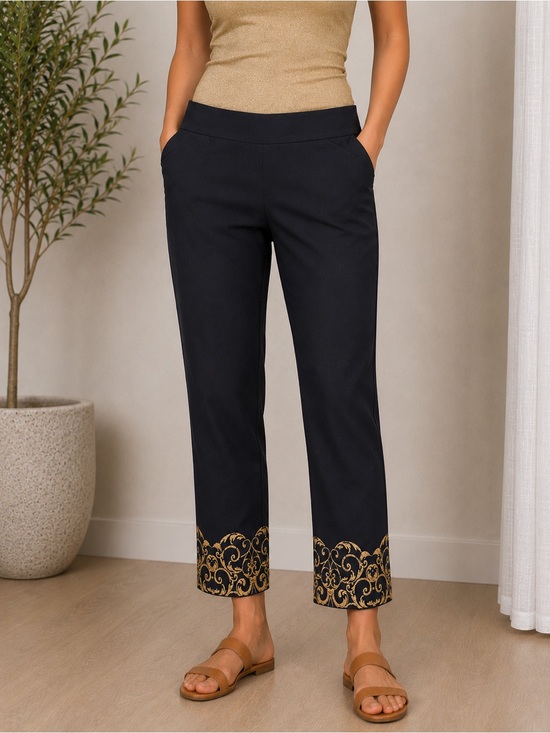 Chico's Perfect Stretch Black Cropped Pants with Gold Embroidered Hem