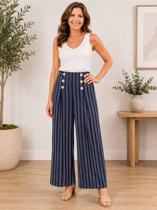Ann Taylor Navy & White Vertical-Stripe High-Rise Wide-Leg Pants