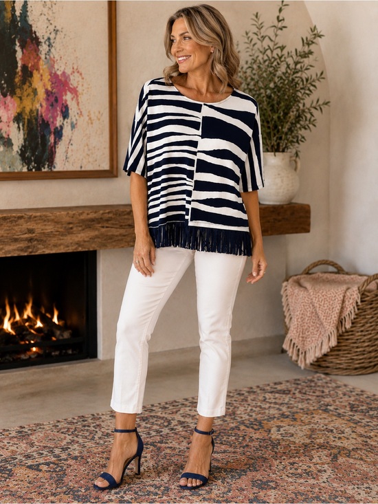 Chico's Navy Blue and White Striped Fringe Hem Blouse
