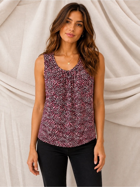 Ann Taylor Magenta and Black Printed Scoop Neck Tank
