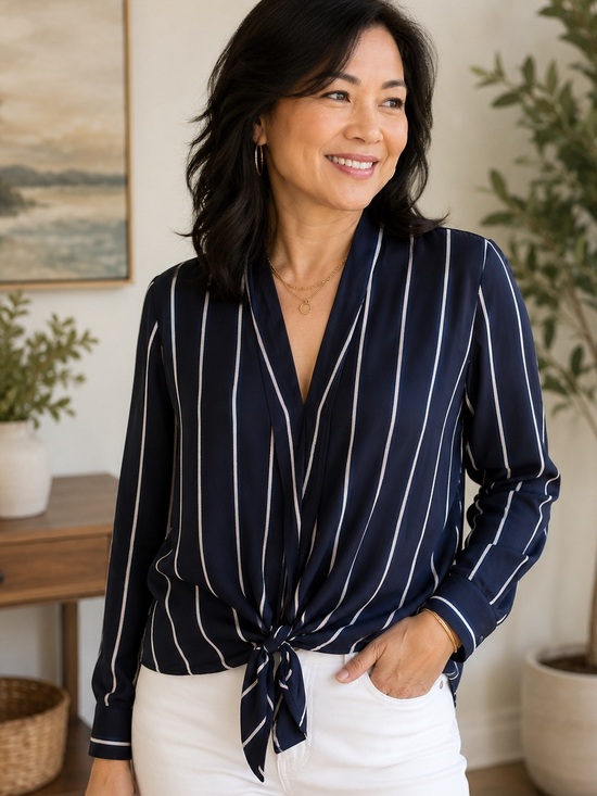 Rails Navy Vertical-Stripe Tie-Front Blouse