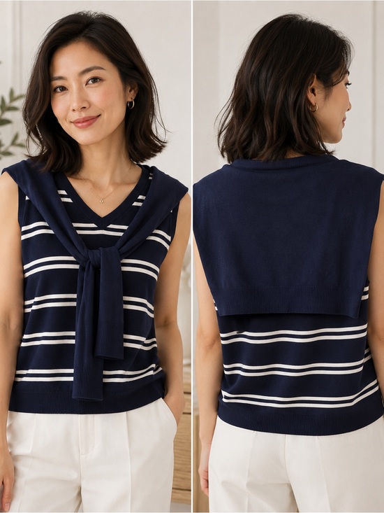 Halogen Navy and White Striped V-Neck Sweater Vest