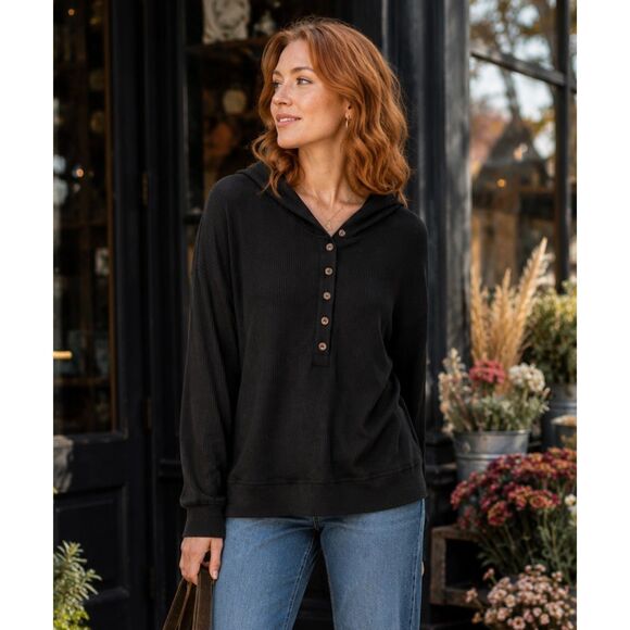 Pretty Garden Black Button-Up Ribbed Hoodie Sweatshirt