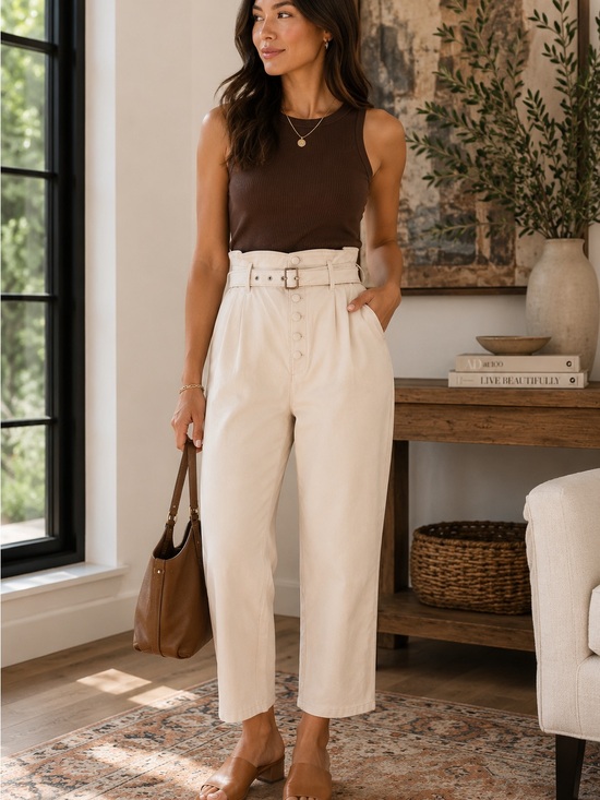 PAIGE Faux Leather Cream High-Waist Belted Cropped Tapered Pants