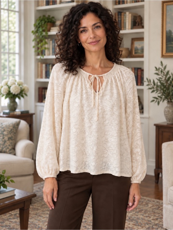 Vince Camuto Cream Paisley Tie-Neck Peasant Top