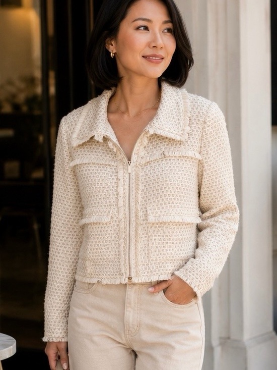 Vince Camuto Cream Textured Tweed Zip-Front Jacket