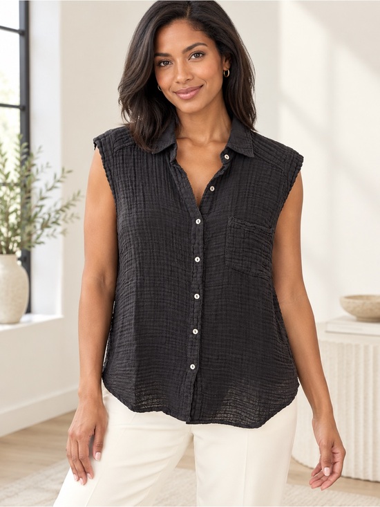 Michael Stars Black Sleeveless Button-Front Gauze Shirt