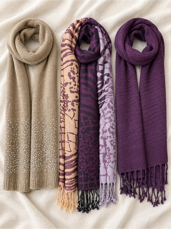 3 Piece Plum & Taupe Jewel-Tone Scarf Collection