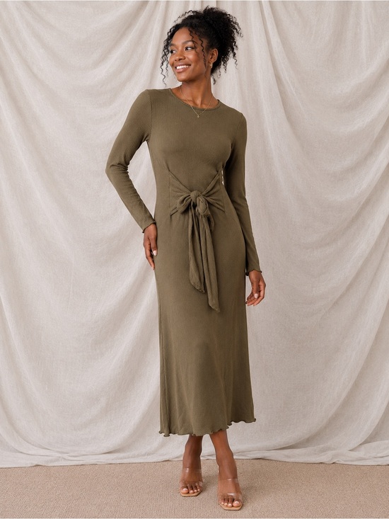 Forever 21 Olive Green Tie-Front Long Sleeve Dress